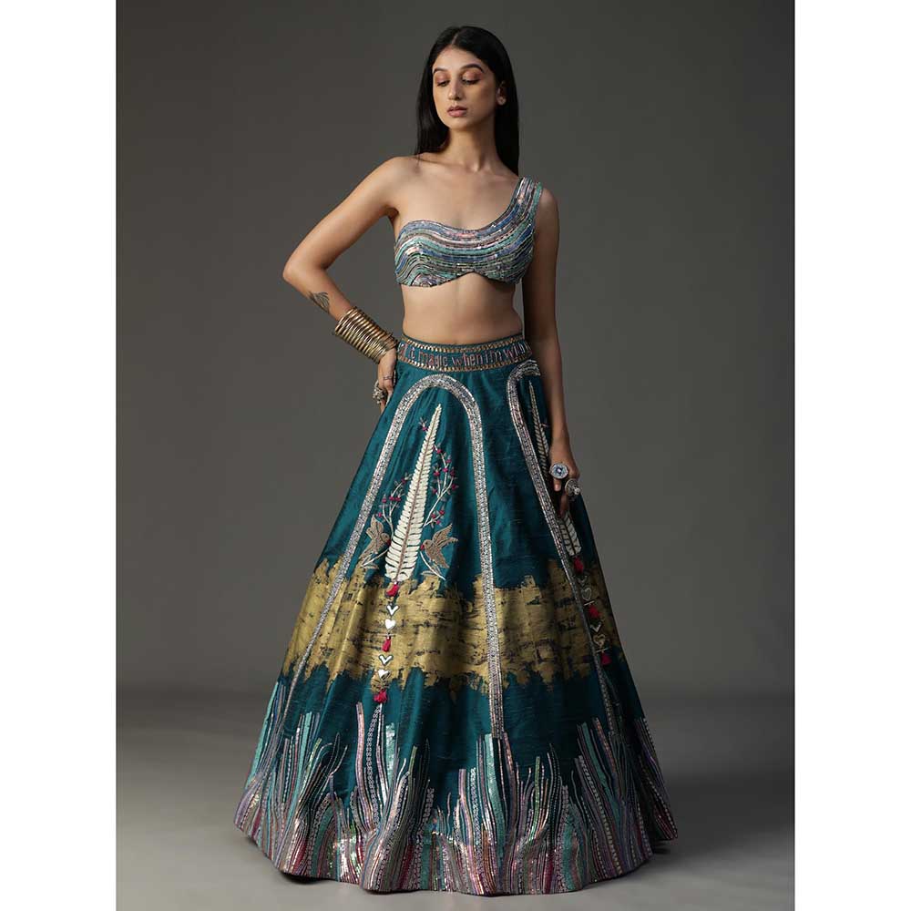 Arpita Sulakshana Teal Blue Handpainted Lehenga with Blouse and Cape (Set of 3)