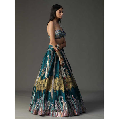 Arpita Sulakshana Teal Blue Handpainted Lehenga with Blouse and Cape (Set of 3)