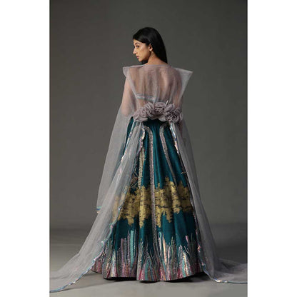 Arpita Sulakshana Teal Blue Handpainted Lehenga with Blouse and Cape (Set of 3)