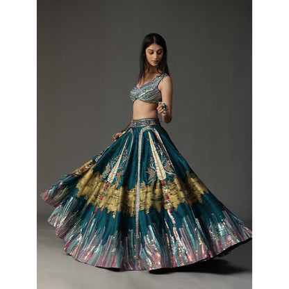 Arpita Sulakshana Teal Blue Handpainted Lehenga with Blouse and Cape (Set of 3)