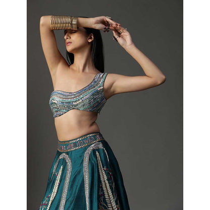 Arpita Sulakshana Teal Blue Handpainted Lehenga with Blouse and Cape (Set of 3)