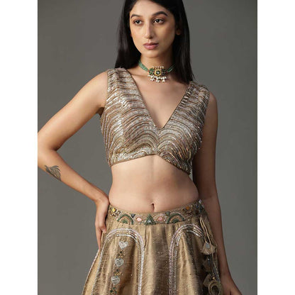 Arpita Sulakshana Gold Handpainted Lehenga with Blouse and Cape (Set of 3)