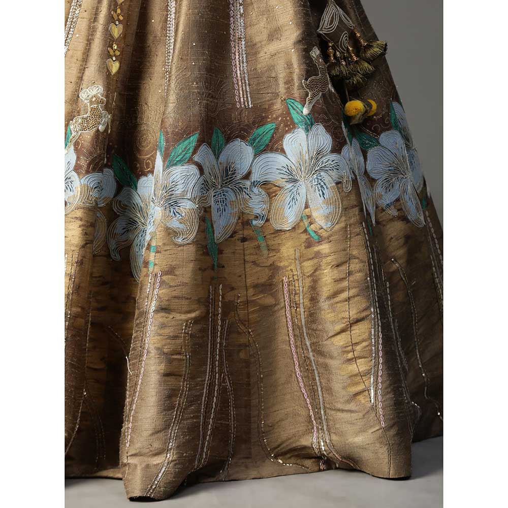 Arpita Sulakshana Gold Handpainted Lehenga with Blouse and Cape (Set of 3)