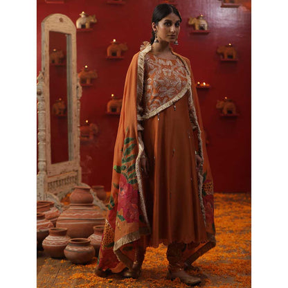 Arpita Sulakshana Burnt Orange Handpainted Kurta with Pant and Dupatta (Set of 3)