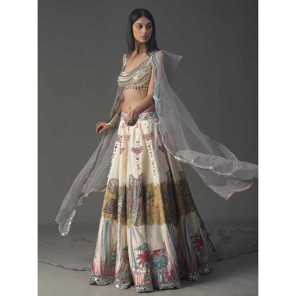 Arpita Sulakshana Ivory Floral Handpainted Lehenga with Blouse and Cape (Set of 3)