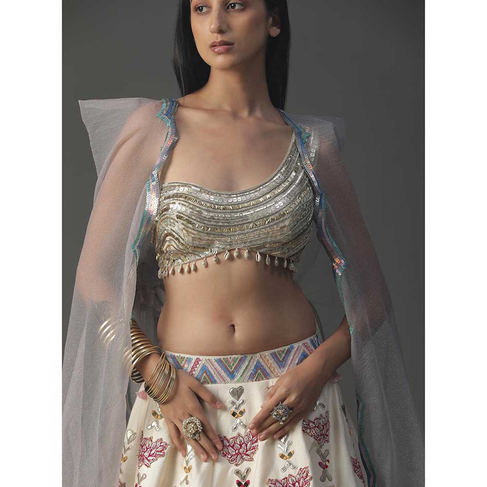 Arpita Sulakshana Ivory Floral Handpainted Lehenga with Blouse and Cape (Set of 3)