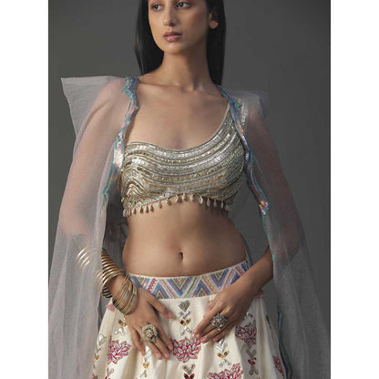 Arpita Sulakshana Ivory Floral Handpainted Lehenga with Blouse and Cape (Set of 3)