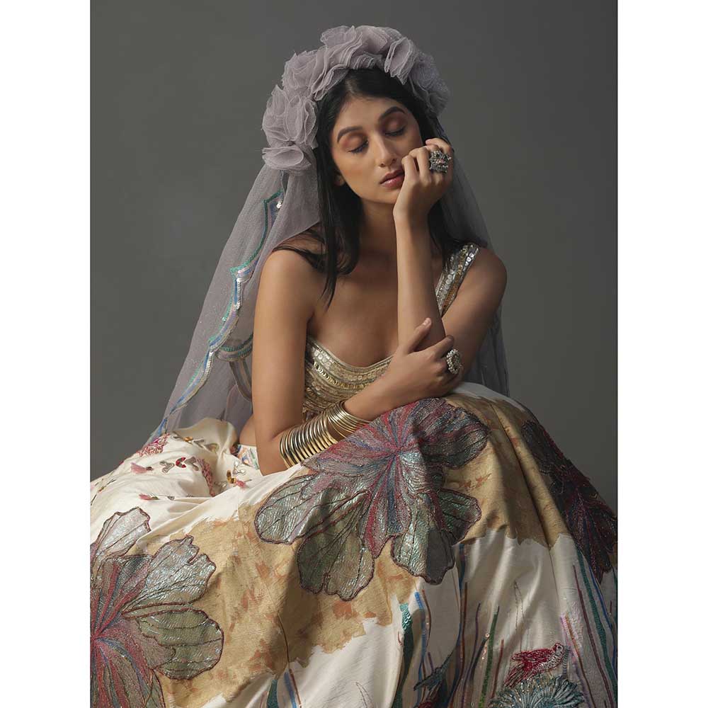 Arpita Sulakshana Ivory Floral Handpainted Lehenga with Blouse and Cape (Set of 3)