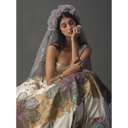 Arpita Sulakshana Ivory Floral Handpainted Lehenga with Blouse and Cape (Set of 3)