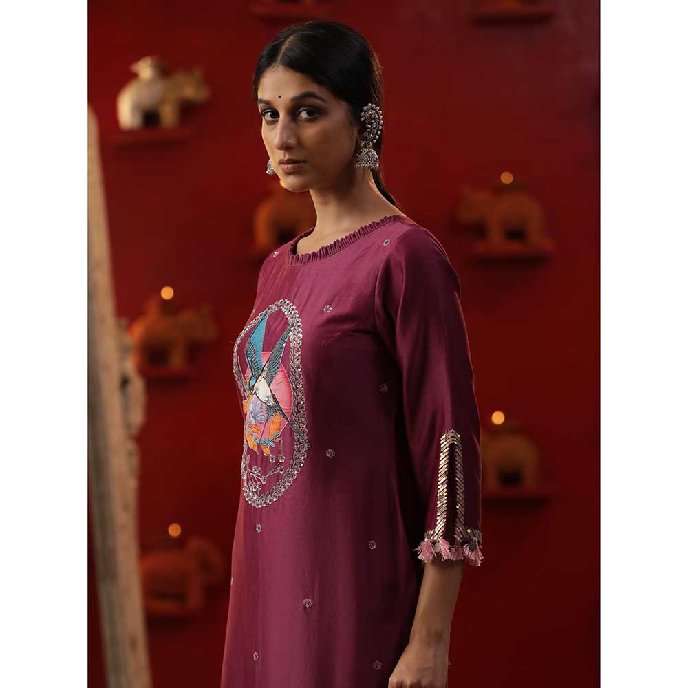 Arpita Sulakshana Purple Bird Handpainted Kurta with Pant and Dupatta (Set of 3)