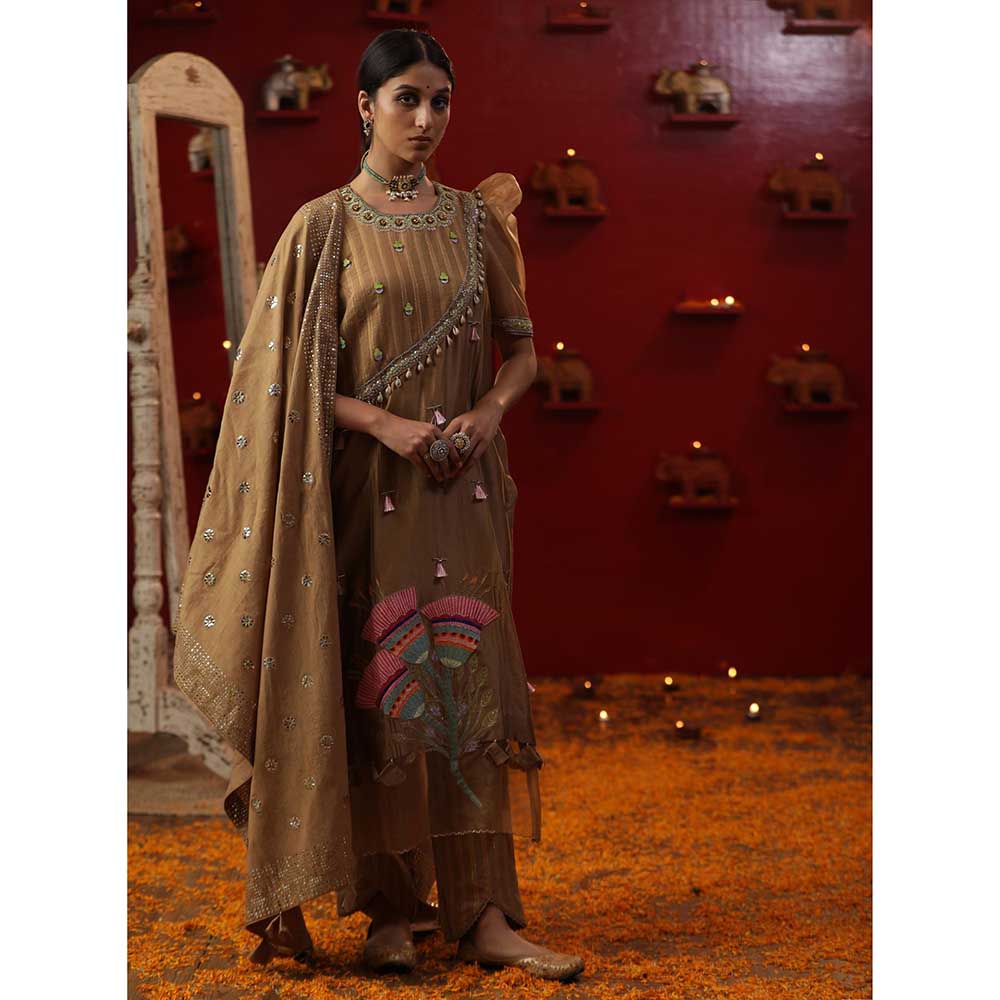 Arpita Sulakshana Gold Bell Handpainted Kurta with Pant and Dupatta (Set of 3)