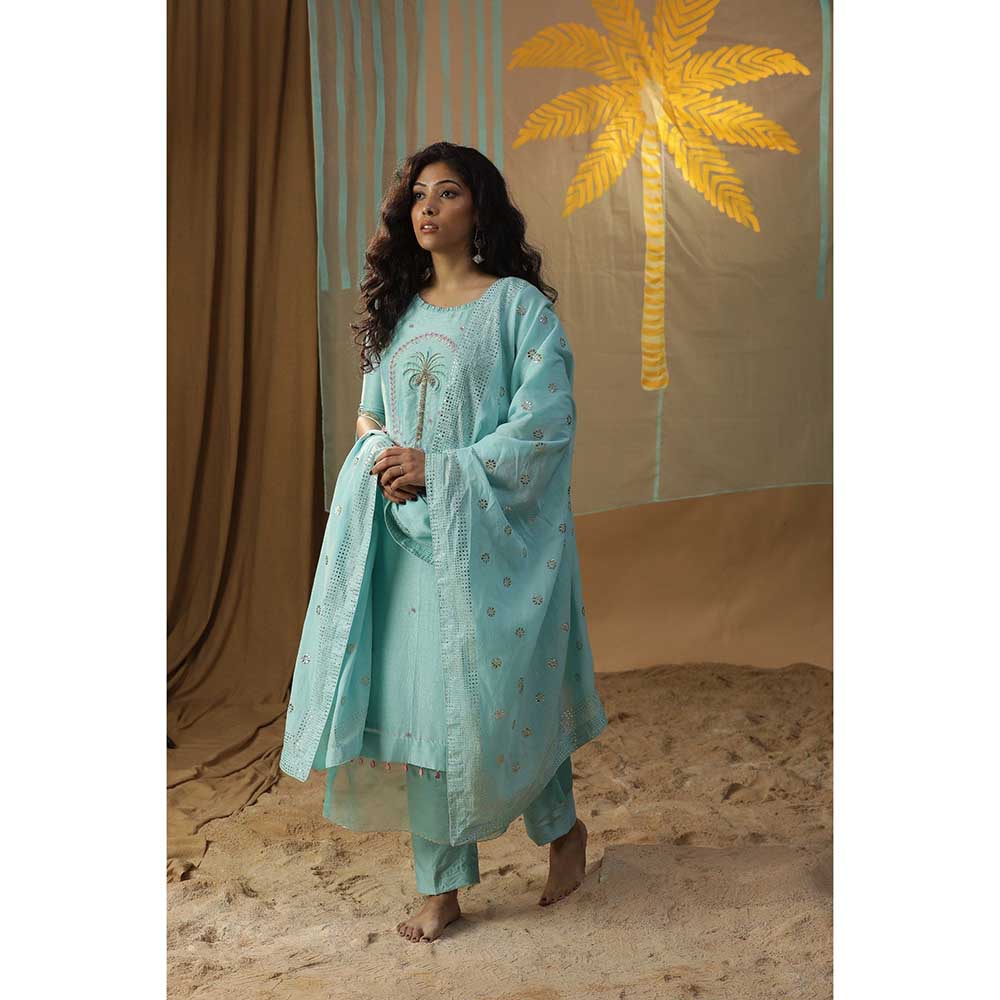 Arpita Sulakshana Sky Blue Centre Palm Tree Kurta with Pants (Set of 3)