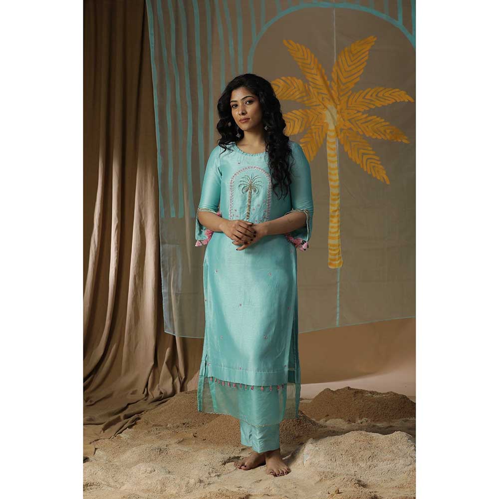 Arpita Sulakshana Sky Blue Centre Palm Tree Kurta with Pants (Set of 3)