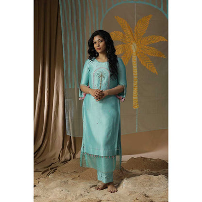 Arpita Sulakshana Sky Blue Centre Palm Tree Kurta with Pants (Set of 3)