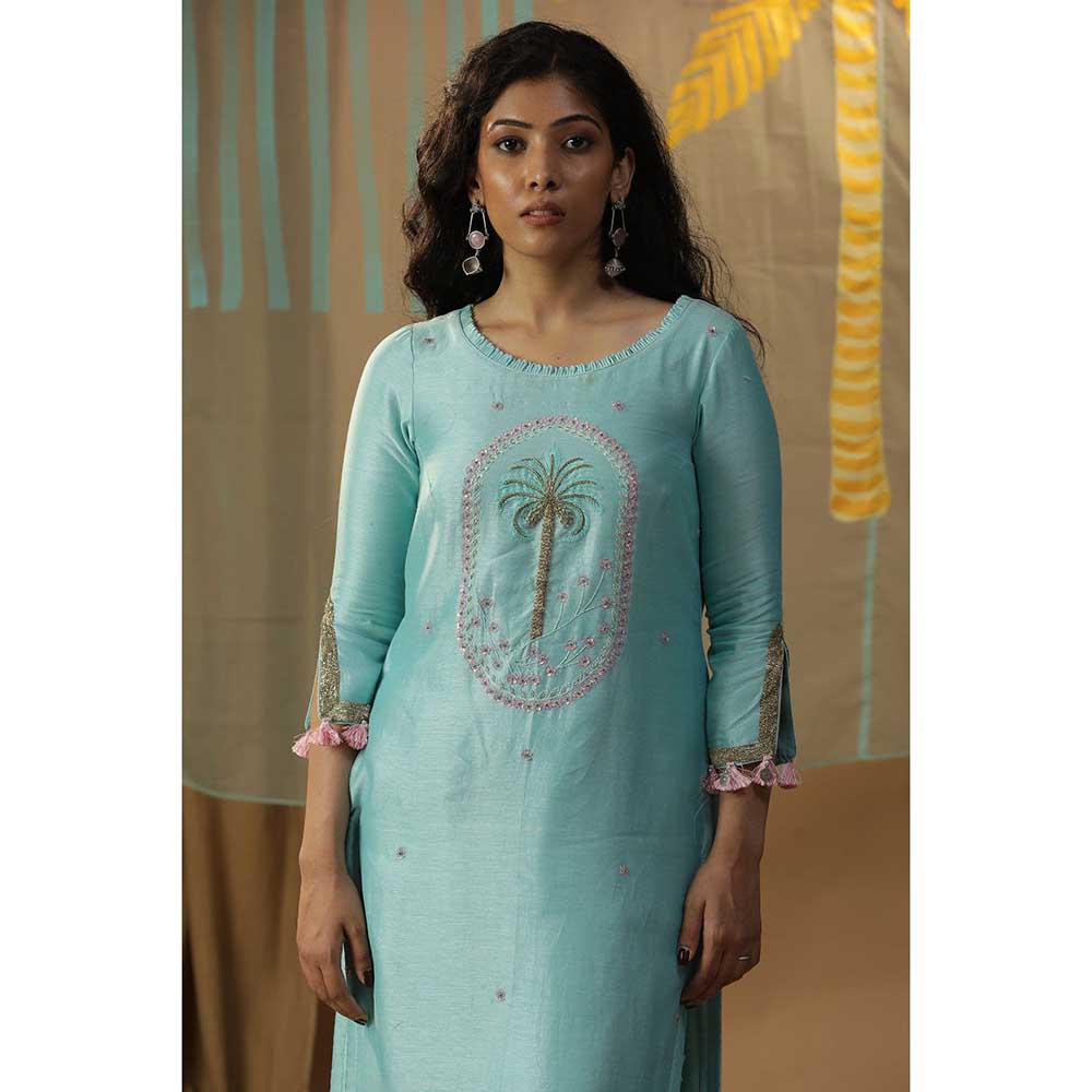 Arpita Sulakshana Sky Blue Centre Palm Tree Kurta with Pants (Set of 3)