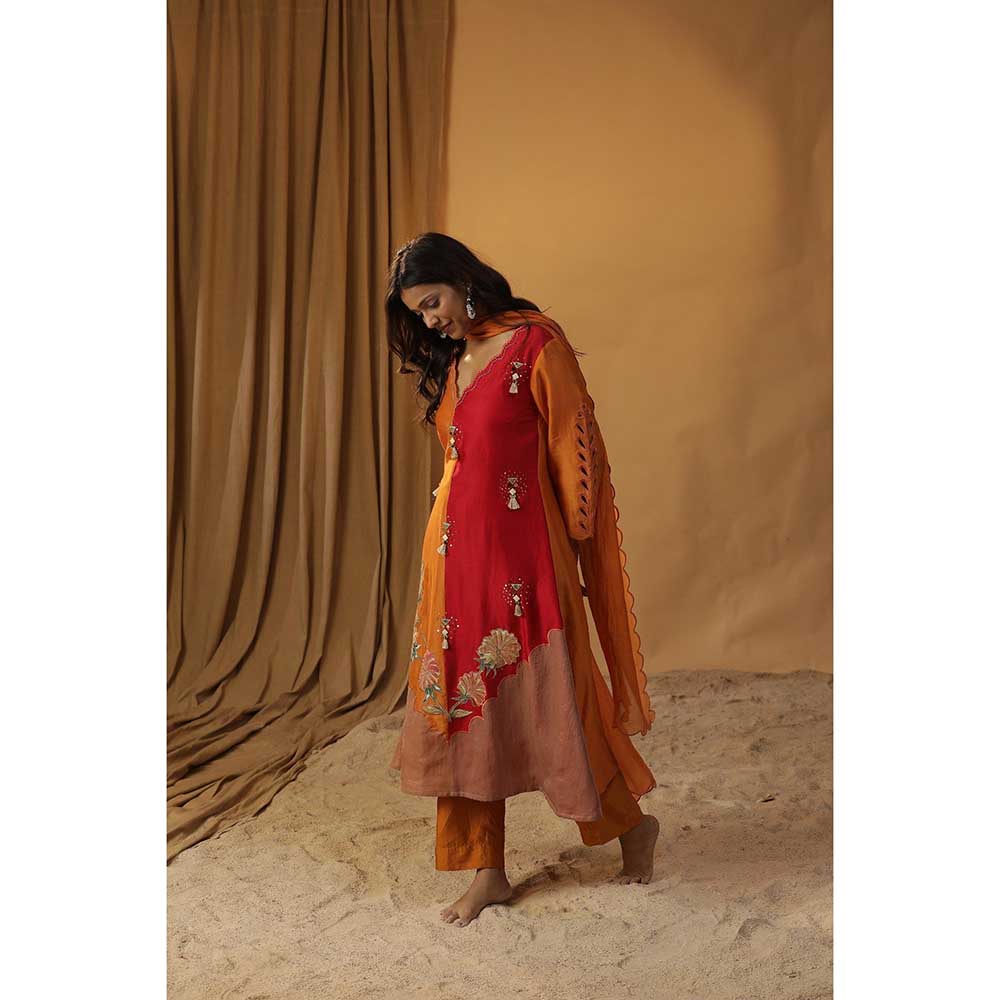 Arpita Sulakshana Orange & Red Handpainted Chanderi Silk Suit (Set of 3)