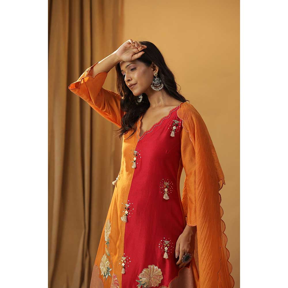 Arpita Sulakshana Orange & Red Handpainted Chanderi Silk Suit (Set of 3)