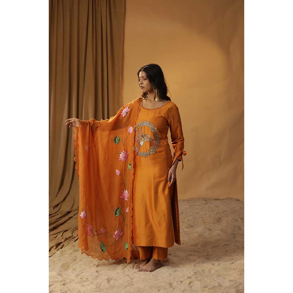 Arpita Sulakshana Rust Orange Bird Embroidered Suit (Set of 3)