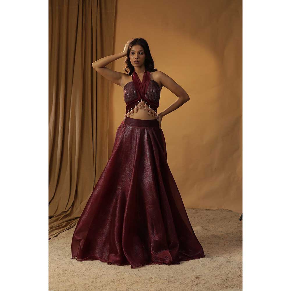 Arpita Sulakshana Maroon Organza Lehenga Choli (Set of 3)