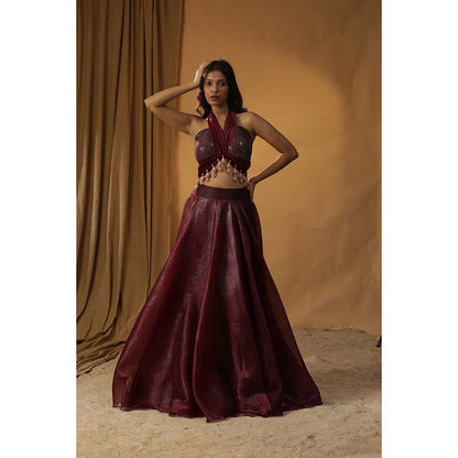 Arpita Sulakshana Maroon Organza Lehenga Choli (Set of 3)
