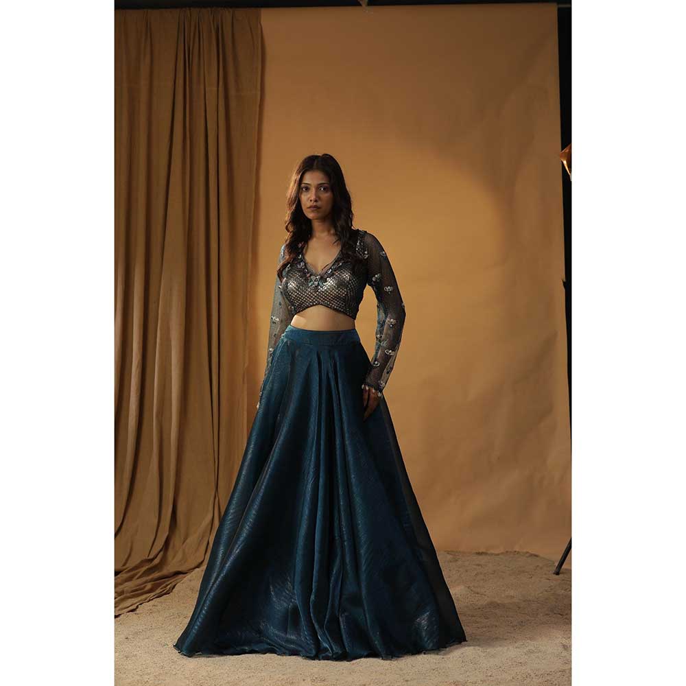 Arpita Sulakshana Navy Blue Organza Lehenga Choli (Set of 3)