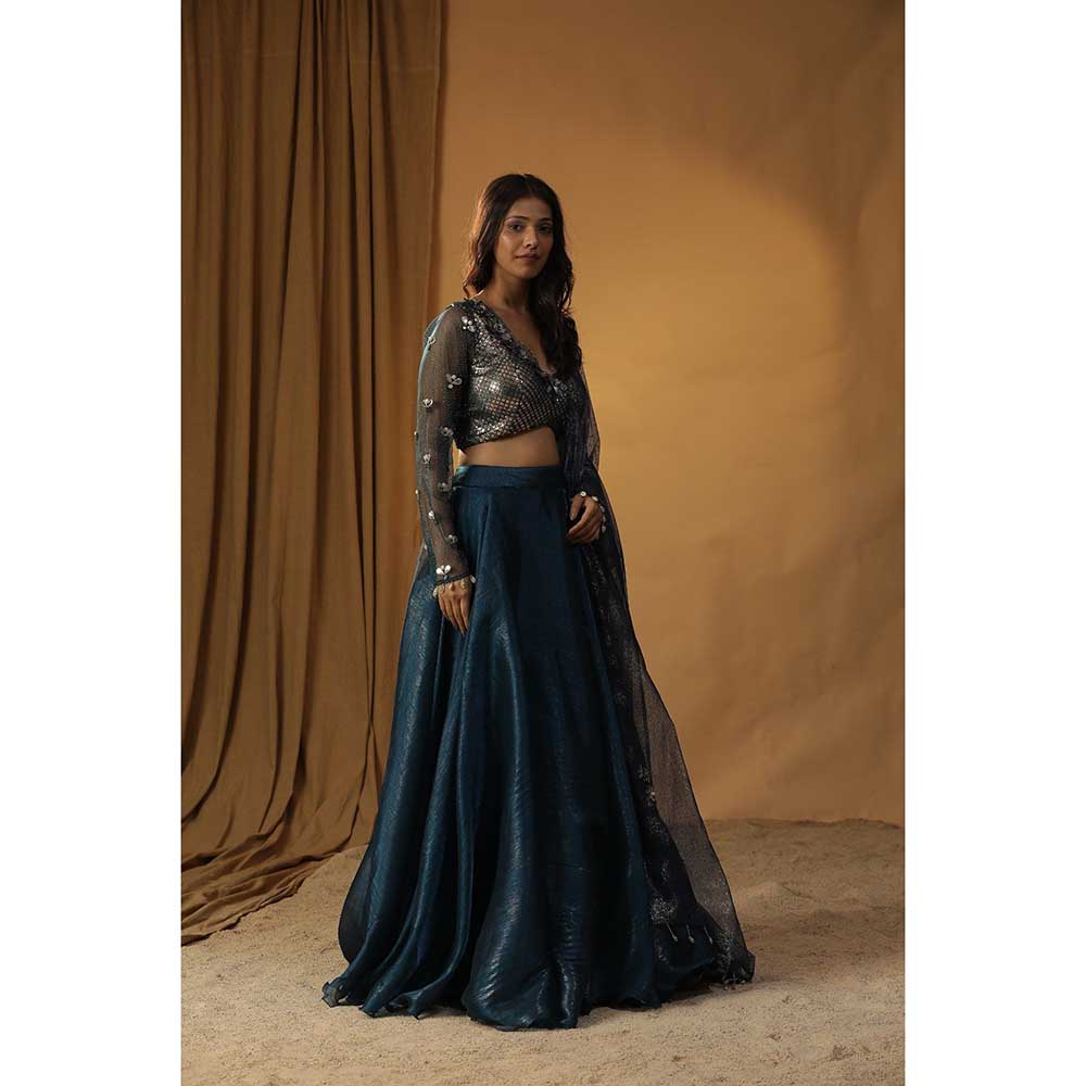 Arpita Sulakshana Navy Blue Organza Lehenga Choli (Set of 3)