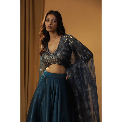 Arpita Sulakshana Navy Blue Organza Lehenga Choli (Set of 3)