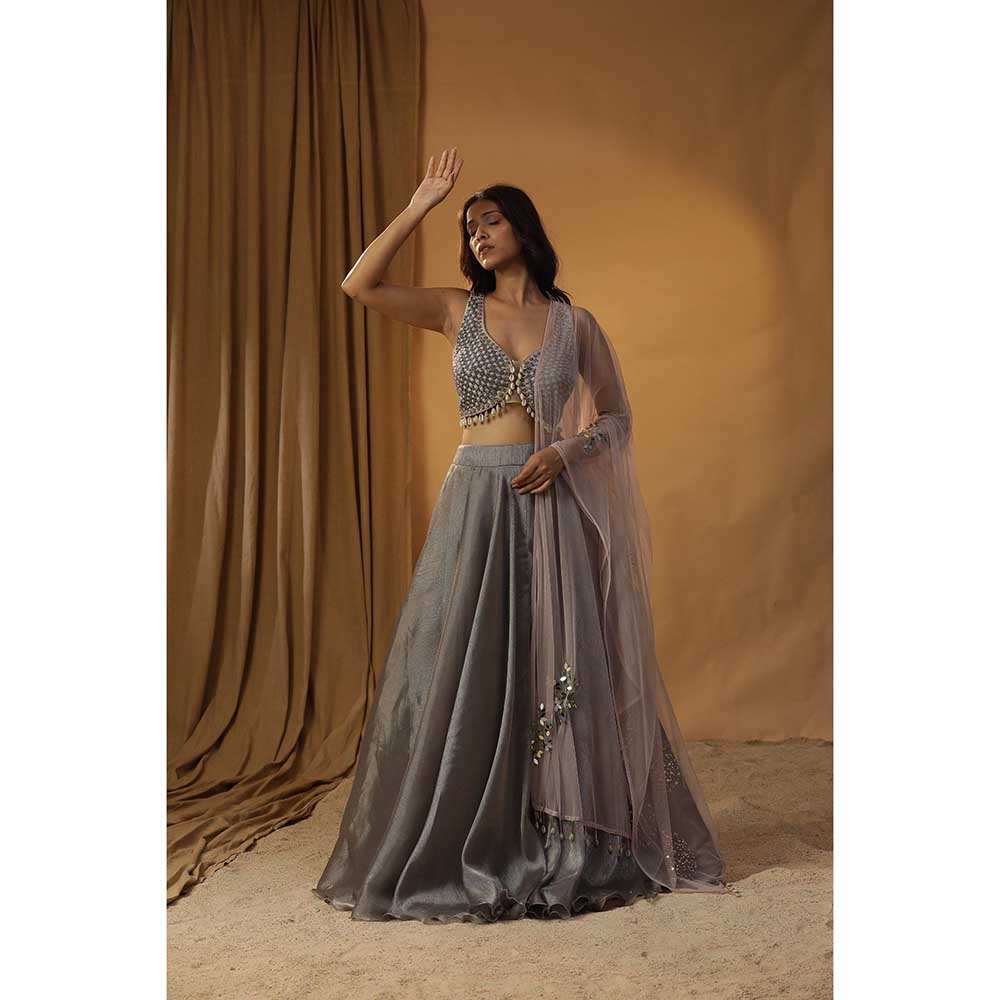 Arpita Sulakshana Grey Organza Lehenga Choli (Set of 3)