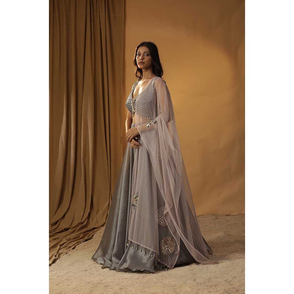 Arpita Sulakshana Grey Organza Lehenga Choli (Set of 3)