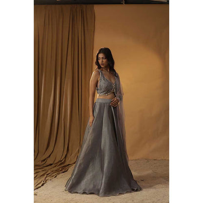 Arpita Sulakshana Grey Organza Lehenga Choli (Set of 3)