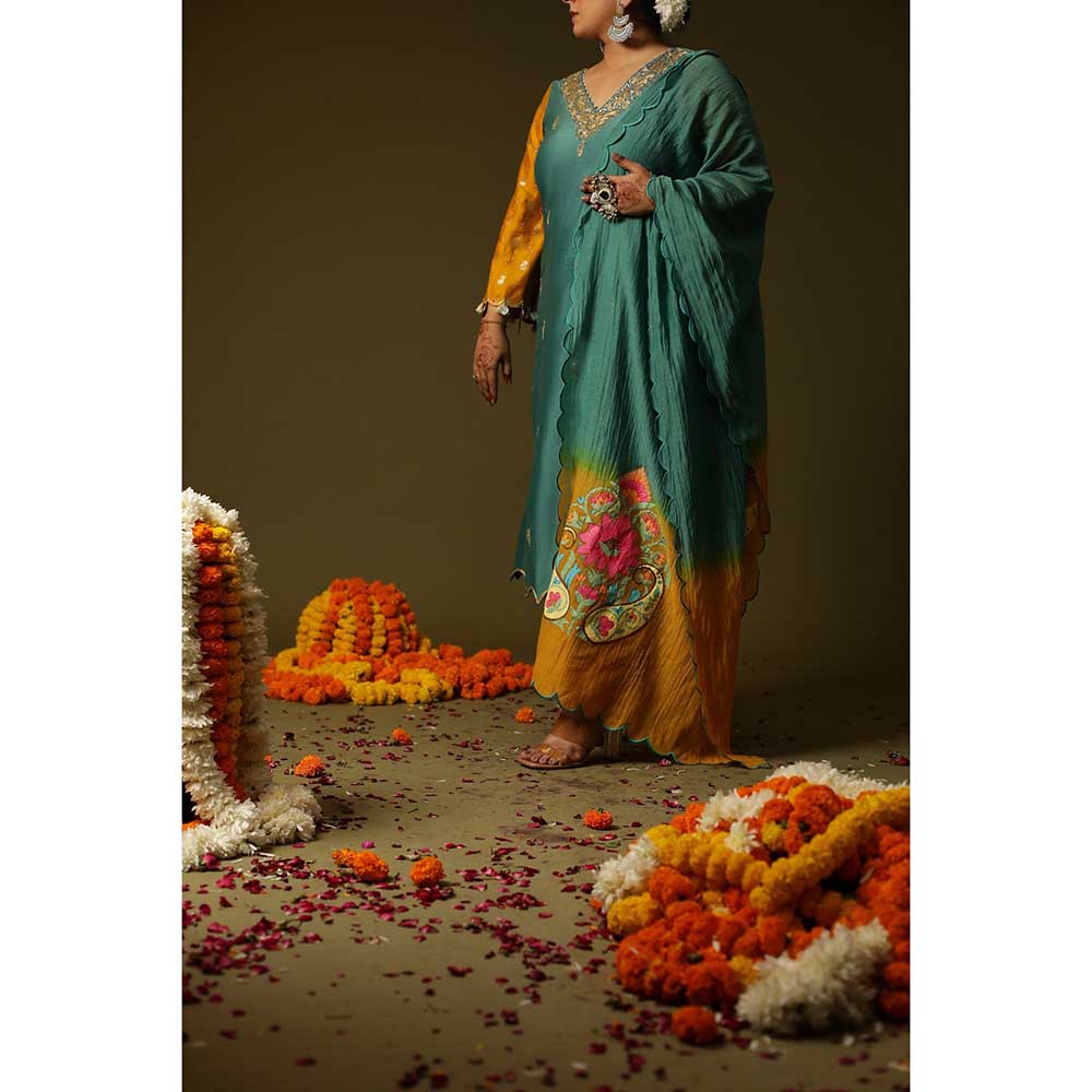 Arpita Sulakshana Green Firozi Hand Painted Kurta with Pant and Dupatta (Set of 3)