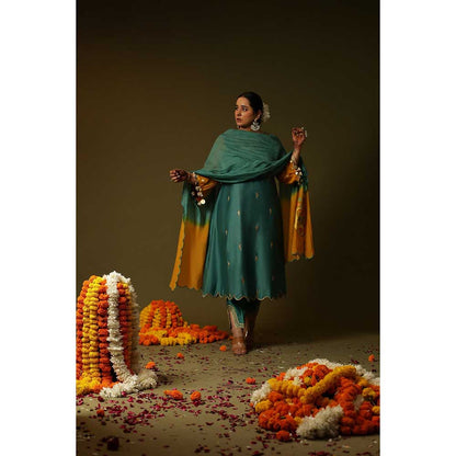 Arpita Sulakshana Green Firozi Hand Painted Kurta with Pant and Dupatta (Set of 3)