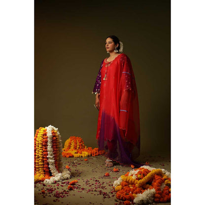 Arpita Sulakshana Red Sakhi Hand Painted Kurta with Pant and Dupatta (Set of 3)