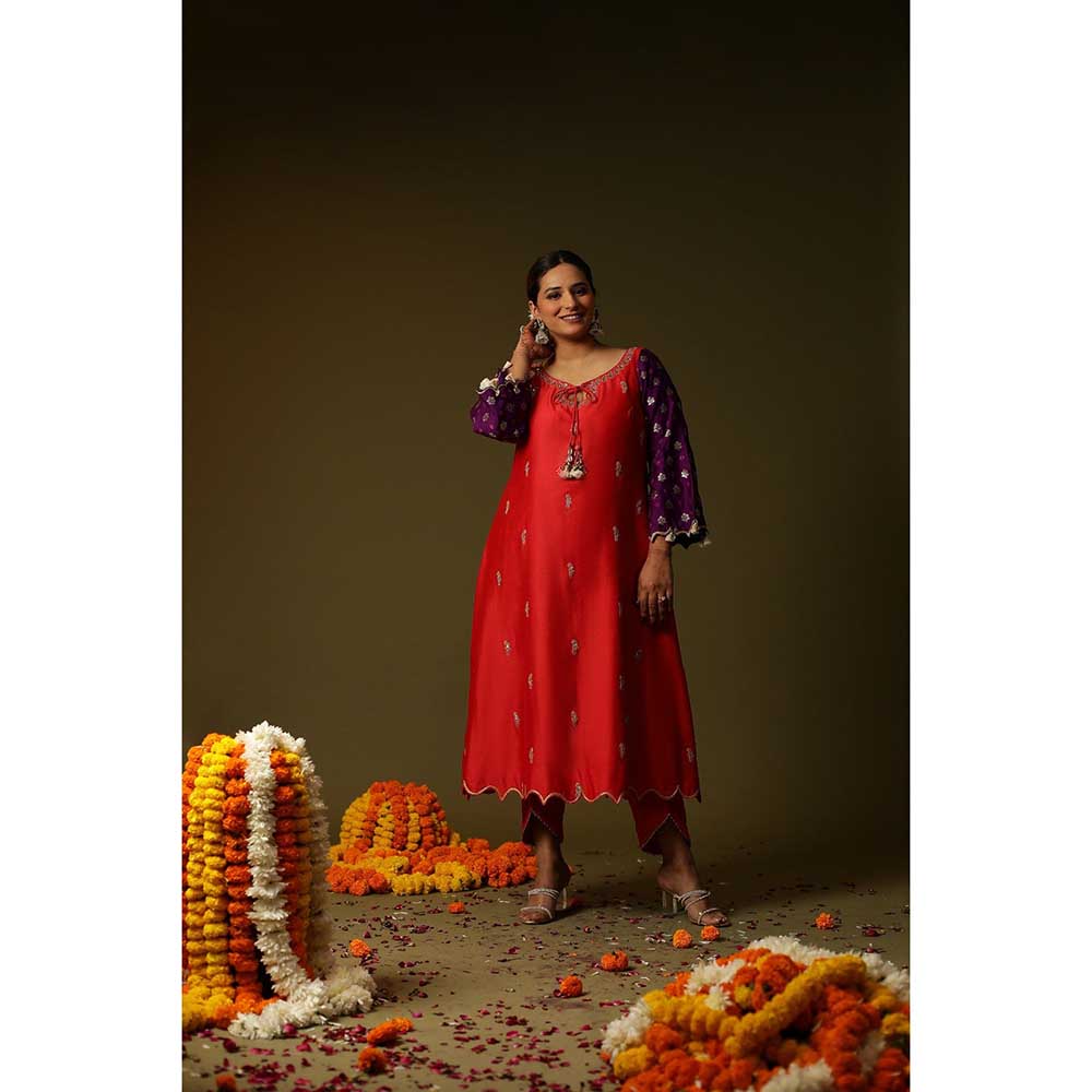 Arpita Sulakshana Red Sakhi Hand Painted Kurta with Pant and Dupatta (Set of 3)