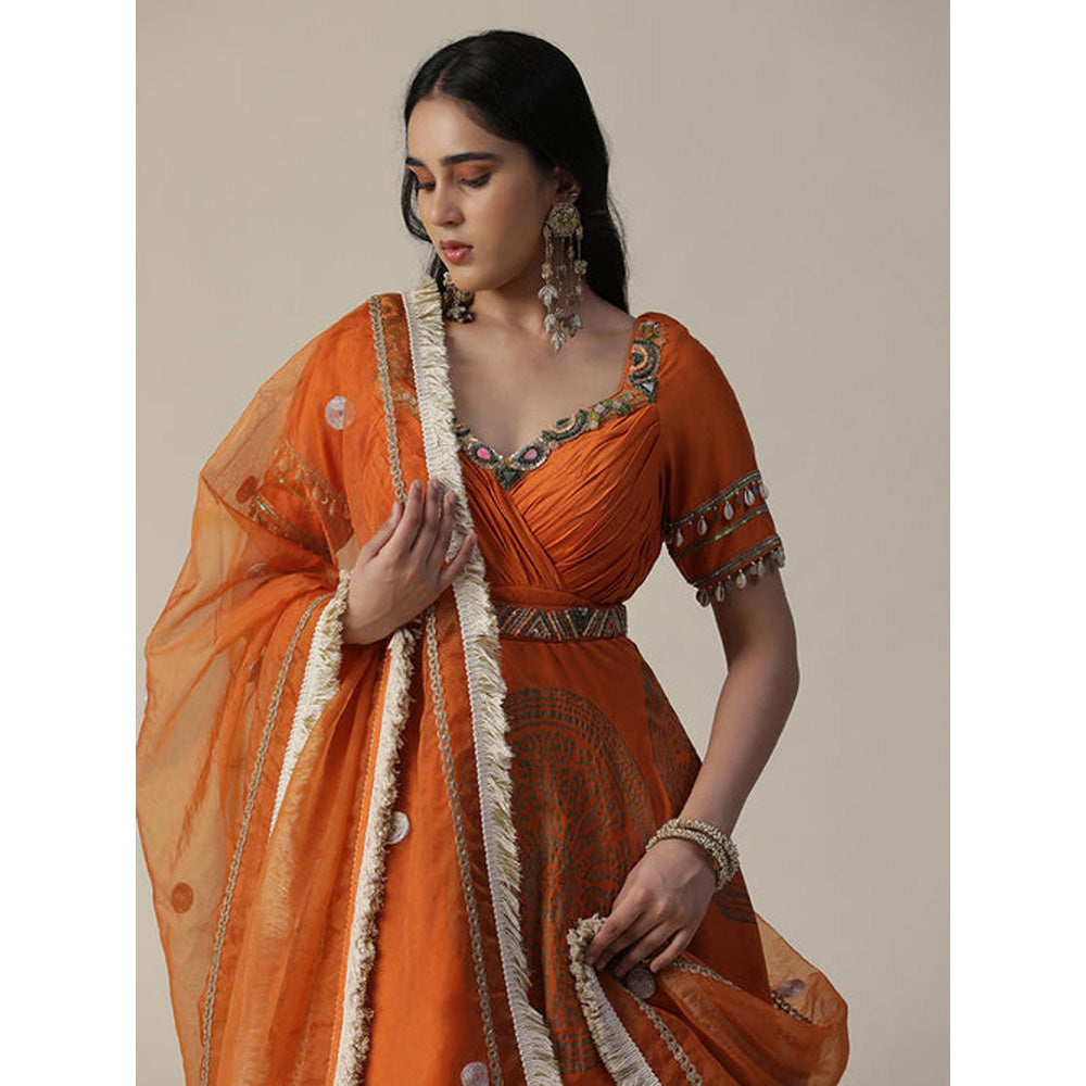 Arpita Sulakshana Burnt Orange Foil Printed Chanderi Gown with Dupatta Set