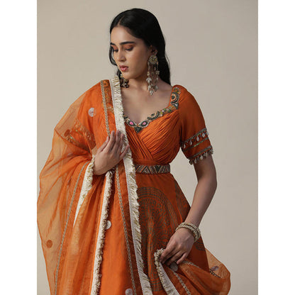 Arpita Sulakshana Burnt Orange Foil Printed Chanderi Gown with Dupatta Set