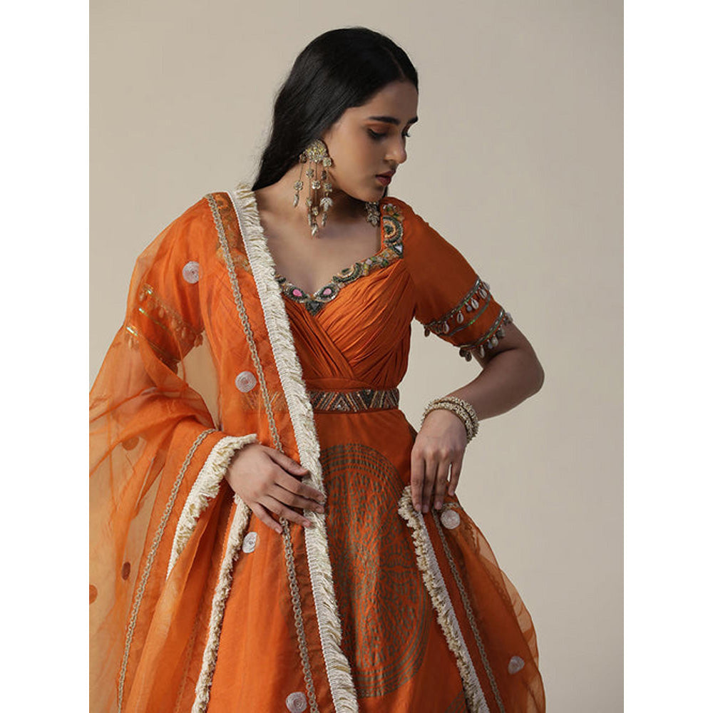 Arpita Sulakshana Burnt Orange Foil Printed Chanderi Gown with Dupatta Set