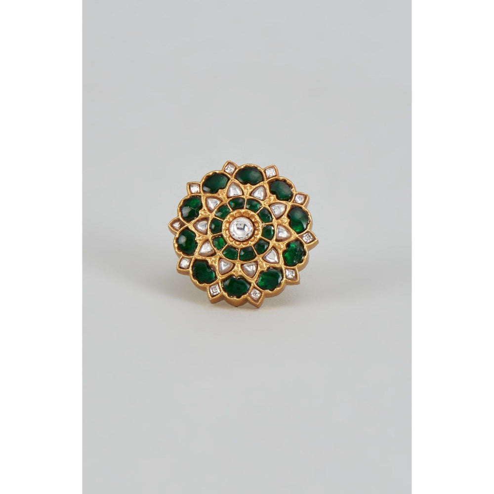 KARISA DESIGNS Green Phool Kundan Ring