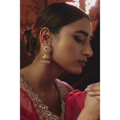 KARISA DESIGNS Purple Adrika Nakshi Pearls and Kundan Jhumkas