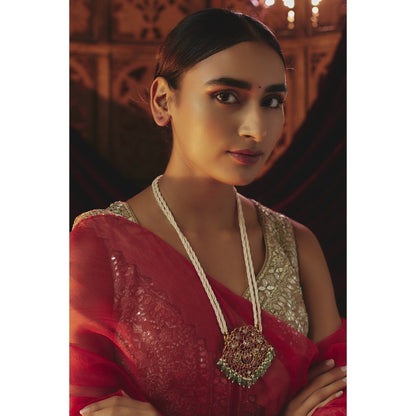 KARISA DESIGNS Green Barkha Pearl and Beads Kundan Pendent Necklace