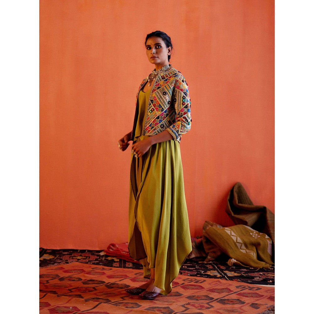 Karishma Khanduja Afzal Mehndi Green Embellished Jacket with Dhoti and Top (Set of 3)