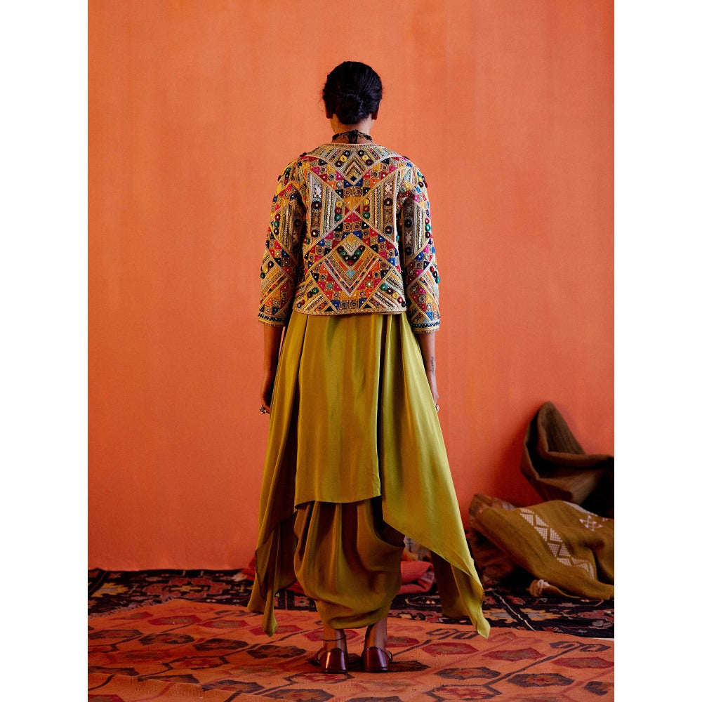Karishma Khanduja Afzal Mehndi Green Embellished Jacket with Dhoti and Top (Set of 3)