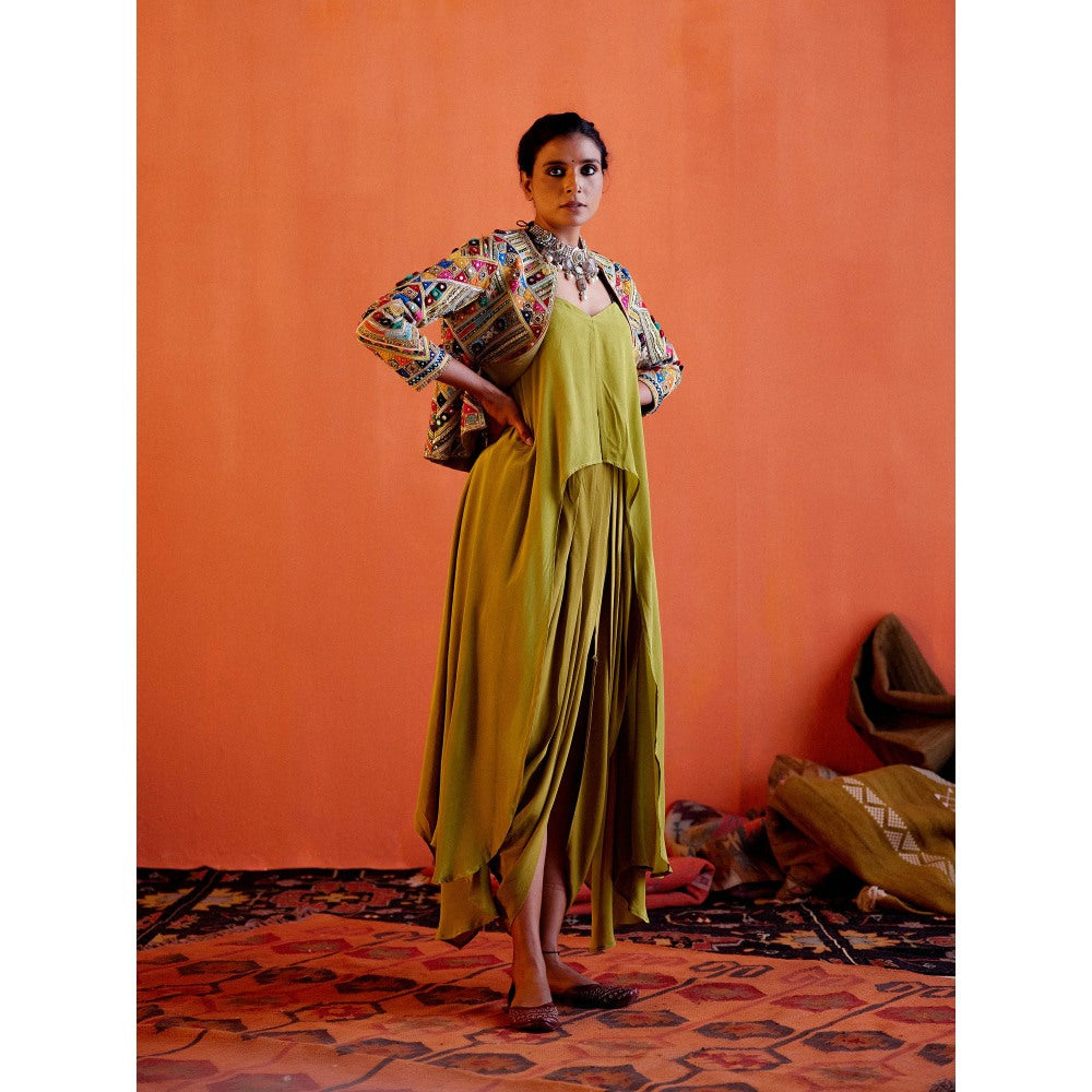 Karishma Khanduja Afzal Mehndi Green Embellished Jacket with Dhoti and Top (Set of 3)
