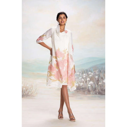 Kaveri Pink Bubble Flower Zoro Jacket Knee Length Dress
