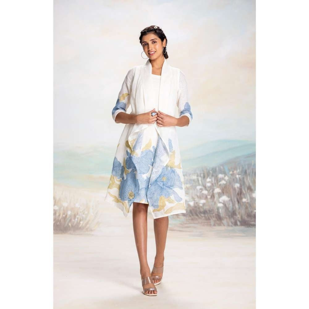 Kaveri Blue Bubble Flower Zoro Jacket Knee Length Dress
