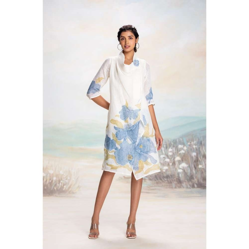 Kaveri Blue Bubble Flower Zoro Jacket Knee Length Dress