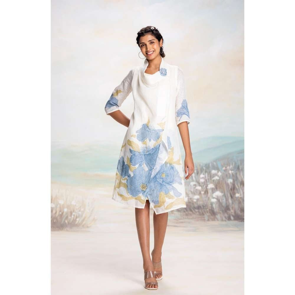 Kaveri Blue Bubble Flower Zoro Jacket Knee Length Dress