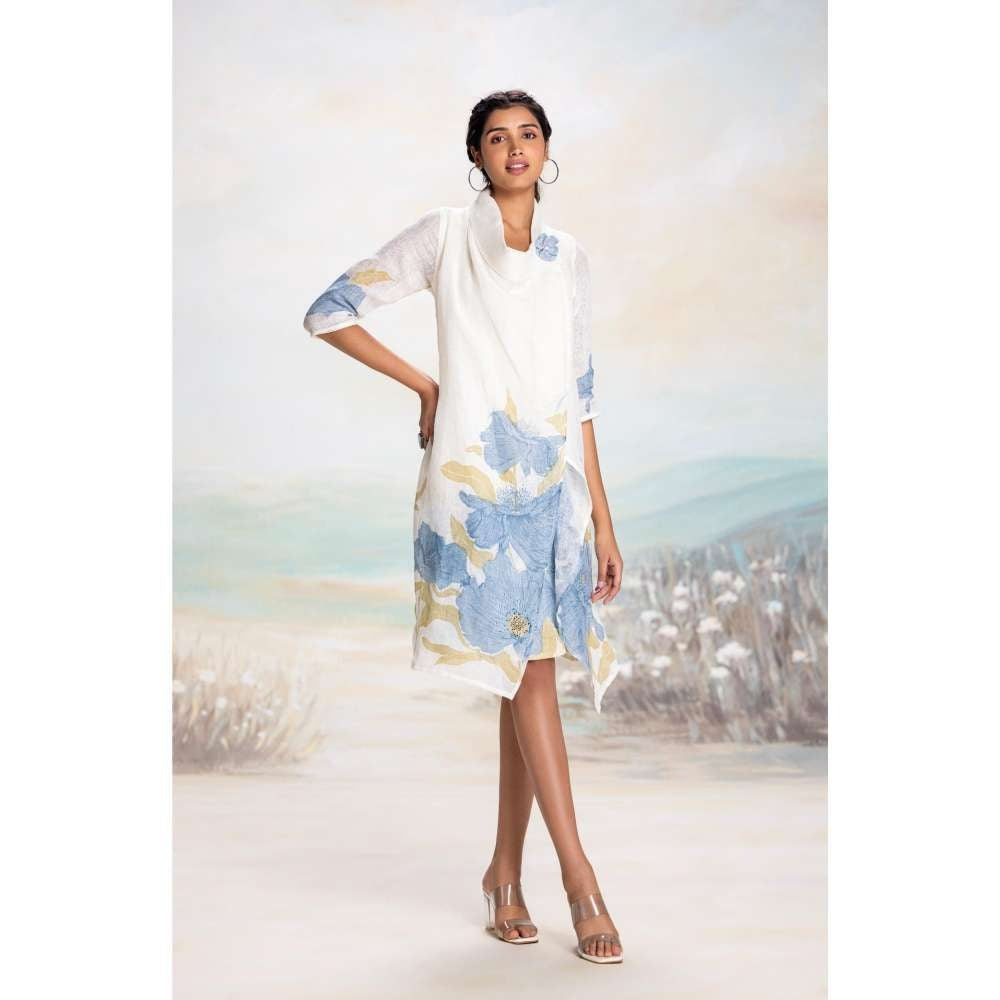 Kaveri Blue Bubble Flower Zoro Jacket Knee Length Dress