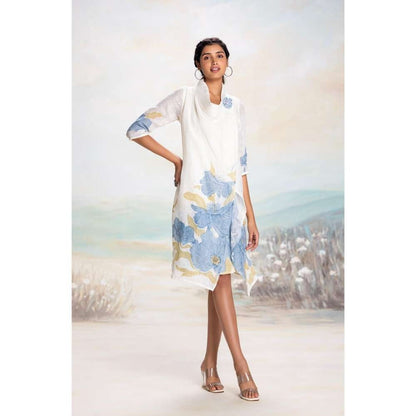 Kaveri Blue Bubble Flower Zoro Jacket Knee Length Dress