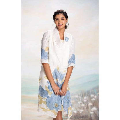 Kaveri Blue Bubble Flower Zoro Jacket Knee Length Dress